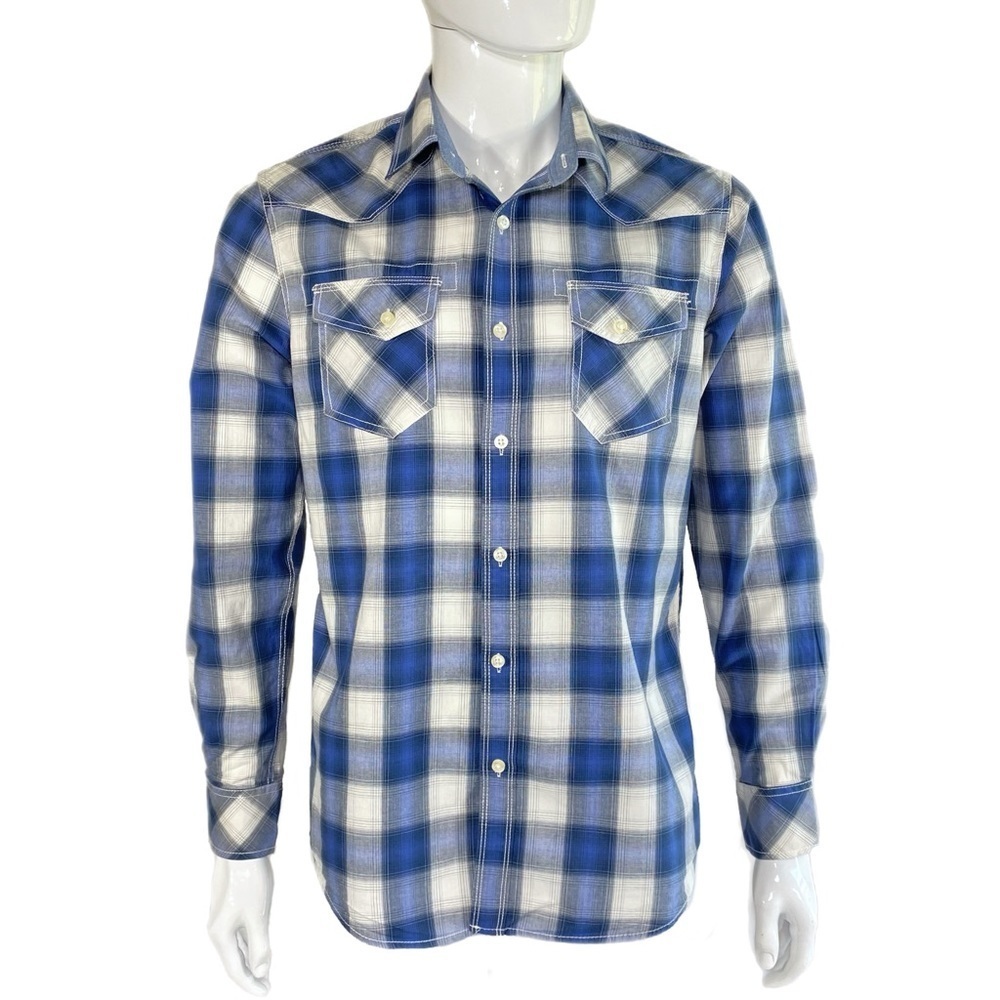 American Rag Mens Cotton Blue Plaid Long Sleeve Blue Plaid Button Down